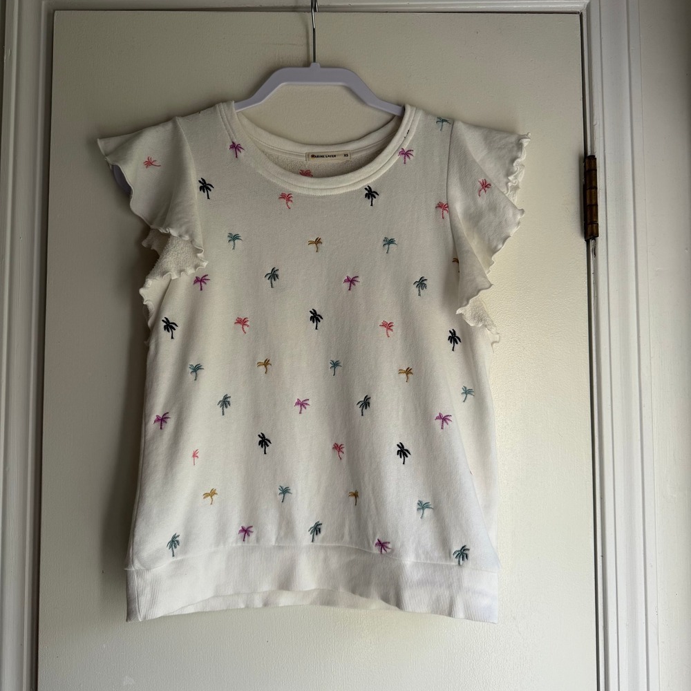 Marine Layer Womens White Palm Tree Embroidered Ruffle Sleeve Sweatshirt Top XS